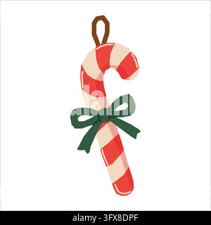 Red and White Christmas Candy Cane Ornament with Green Bow Vector Illustration Stock Vector