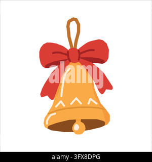 Golden Christmas Bell Ornament with Red Ribbon Bow Vector Illustration Stock Vector