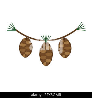Horizontal swag pine branch spray with three hanging layered pinecones and needle clusters, on a white background. Stock Vector