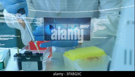 Pipetting gloved technician dispensing sample at lab bench, wearing lab coat and using micropipette. Pipette, glove, laboratory, benchtop, analytics, Stock Photo