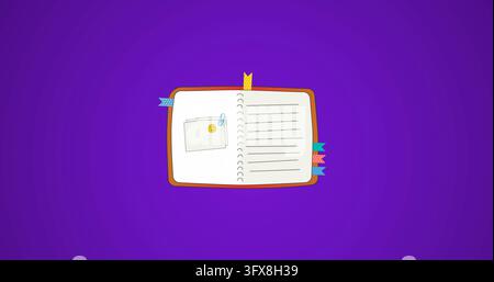 Displaying spiral notebook on purple backdrop, showing sticky note with yellow smiley and blue clip. Journal, stationery, paperclip, bookmarks, ribbon Stock Photo
