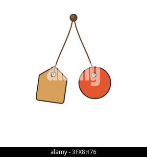 Two blank hanging tags on strings, kraft pointed tag and coral round tag cluster with top knot on white Stock Vector