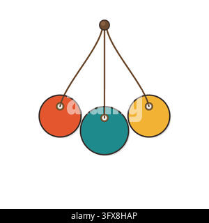 Three blank round hanging tags on strings in an arc, coral teal and gold circles with top knot on white Stock Vector