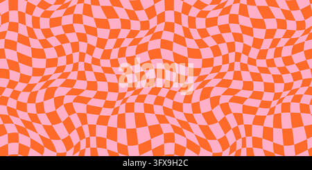 Orange and pink crazy warped checkerboard vector seamless pattern, Fun distorted wavy checkered background Stock Vector