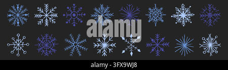 Hand-drawn blue snowflake doodles with crayon texture. Winter ice crystal icons in chalk and pencil style. Cute freehand vector sketches for Christmas designs and festive patterns. Stock Vector
