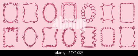 Whimsical hand-drawn frames with wavy borders on pink background. Vector illustration of cute doodle borders ornated with ribbon bows, hearts and floral pattern, vintage wedding card design elements Stock Vector