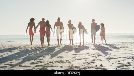Back view of diverse group of female and male friends holding surfboards on beach at sunset. Holidays, vacations, spending time with friends. Stock Photo