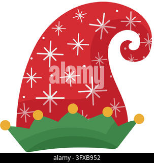 Red curled Christmas elf hat decorated with white snowflakes and finished with a green pointed crown brim with golden tips Stock Vector