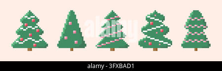 Retro pixel art 8-bit Christmas tree collection for game asset and holiday decor. Vector illustration Stock Vector