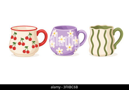 cute ceramic mugs set cherry daisy striped cups vector illustration Stock Vector