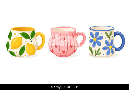 cute ceramic mugs set lemon hearts floral cups vector illustration Stock Vector