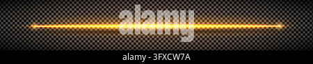 Glowing golden neon tube lamp. Orange line glow beam. Lazer effect overlay. LED electric luminous laser line divider. Led light frame halogen dynamic Stock Vector
