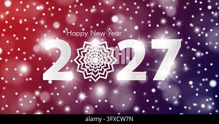 Shiny Happy New Year 2027 with paper cutted origami white numbers, snowflake on red and purple snow blizzard sparkles bg. Christmas and Chinese New Ye Stock Vector
