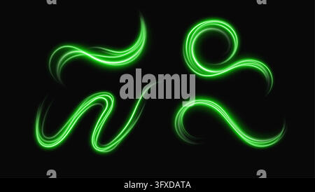 Green neon light trail effect, glowing lines in motion. Abstract dynamic shapes. Long exposure concept. Stock Vector