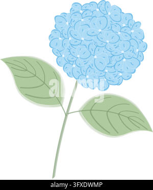 Handdrawn blue hydrangea flower on stem with green leaves isolated on white in soft watercolor style. Hand drawn watercolor style vector illustration for wedding invitations, cards and botanical decor Stock Vector