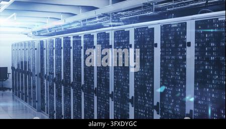 Displaying glass-front server racks creating binary reflection in server room aisle. Datacenter, futuristic, matrix, blue, led, cabling, raisedfloor Stock Photo