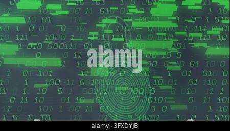 Displaying binary padlock with dotted rings in dark cyberspace, showing floating green data bars. Encryption, security, lock, network, digital, neon, Stock Photo