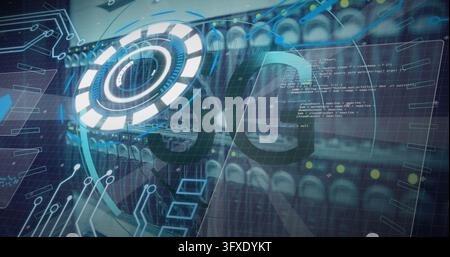 Displaying server rack and holographic HUD in data center, showing code panels and LED indicators. Storage, interface, hologram, circuitry, digital, f Stock Photo