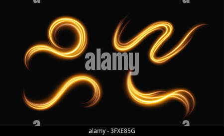 Glowing gold lines light effect, neon bright swirls and wave lines flow, golden motion effect. Long exposure concept. Stock Vector