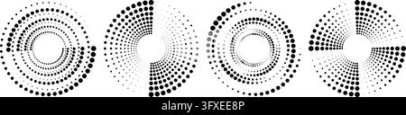 Dynamic radial speed line shape set. Dotted concentric swirl and spiral collection. Halftone dot line elements for logo, print, poster, template, icon, banner. Vector spinning circle sound wave shapes Stock Vector