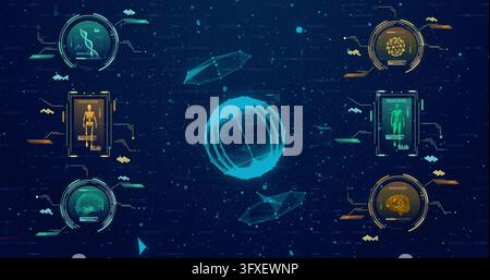 Rotating central cyan wireframe sphere floating in digital workspace, with HUD modules, DNA helix. Holographic, futuristic, neural, network, dashboard Stock Photo