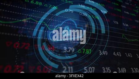Displaying blue cloud padlock within circular HUD over market data, hooded figure observing. Cybersecurity, fintech, dataviz, interface, dashboard, si Stock Photo
