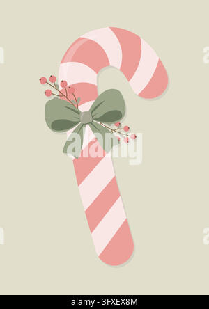 Traditional winter holiday candy cane with pastel pink and white diagonal stripes, decorated with a sage green ribbon bow and delicate red berry branc Stock Vector