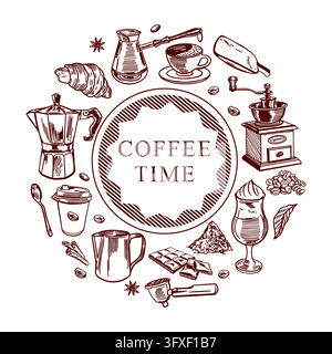 Coffee banner. Grinder, kettle, creamer, cup, croissant and roasted coffee beans arranged in a circle. Hand drawn vector illustration in a line art Stock Vector