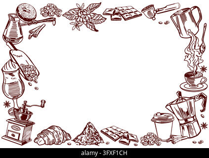 Coffee frame. Includes coffee grinder, kettle, cup with a beverage, croissant, roasted beans, scoop and chocolate. Hand drawn vector illustration. For Stock Vector