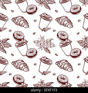 Coffee seamless pattern. Cup of aromatic coffee, croissant, doughnut and roasted beans. Hand drawn vector illustration in a line art style. Suitable Stock Vector