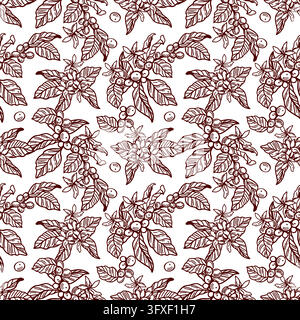 Coffee plant seamless pattern. Botanical leaves, flowers and berries. Hand drawn vector illustration in a line art style. Suitable for labels Stock Vector