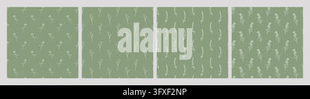 Set of four floral line art patterns on muted green backgrounds, featuring roses, tulips, sprigs, and lilac-like clusters, perfect for wallpaper Stock Vector