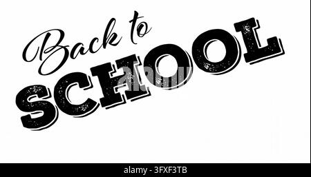 Displaying diagonal Back to SCHOOL title on white canvas, showing cursive and worn block letters. Typography, poster, distressed, angled, minimalist, Stock Photo