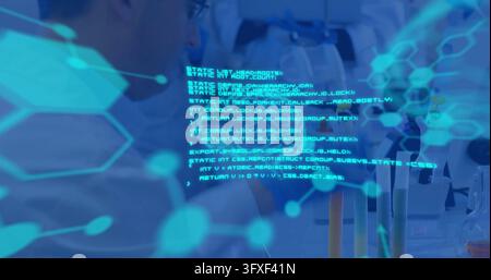 Male scientist wearing white lab coat viewing microscopes monitors in lab with AR overlay. Laboratory, researchers, augmented, holographic, hexagonal, Stock Photo