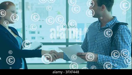 Shaking hands, woman navy blazer, man checked shirt exchanging portfolio at office window, euros. Corporate, collaboration, documents, agreement, nego Stock Photo