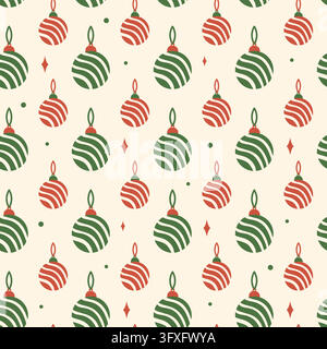 Seamless pattern of striped Christmas balls and festive decorations. Red and green Christmas tree ornaments. Festive wrapping paper and seasonal textile design. Joyful celebration winter decoration Stock Vector