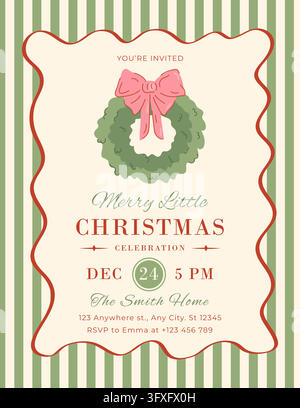 Christmas celebration invitation with spruce wreath and bow on striped vintage card. Holiday party announcement and seasonal greeting decorated with an ornate frame. Template for a party invitation Stock Vector