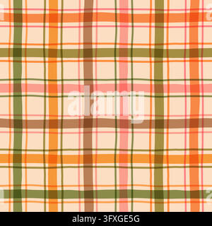 Brown, orange, green and pink autumn plaid vector seamless pattern, Wavy irregular lines fall check for Thanksgiving designs and backgrounds and kitch Stock Vector