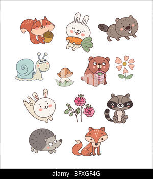 Cute woodland animals cartoon forest clipart set. Boho scandi nature wildlife aesthetic elements. Baby nursery decor greeting card print design. Stock Vector