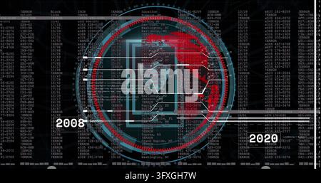 Displaying central HUD pulsing on monitor, showing shield, world map, ERRORs, 2008 2020. Dashboard, cyber, visualization, intelligence, analytics, int Stock Photo
