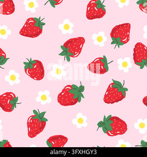Vector watercolor pink seamless pattern with strawberry and white flowers. Hand drawn red berries with leaves. Label package background Stock Vector