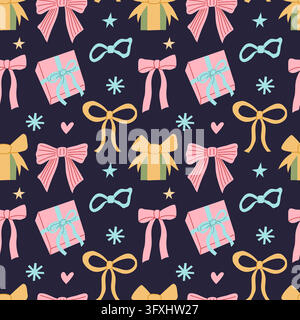 Seamless holiday pattern of pastel gift boxes, pink and yellow bows, turquoise stars and hearts on a dark navy background. Stock Vector