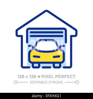 Garage with car pixel perfect line color icon Stock Vector