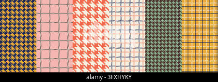 A modern collection of seamless vector patterns featuring classic houndstooth checks and vintage plaid grids in vibrant retro color palettes. Stock Vector