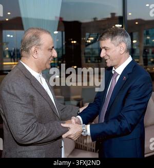 Federal Minister for Communications Abdul Aleem Khan Meets with Ambassador of Azerbaijan Irfan Davudov in Islamabad ISLAMABAD, PAKISTAN - 23-Oct-2026: Pakistan s Federal Minister for Communications, Abdul Aleem Khan, met with Irfan Davudov, Ambassador of Azerbaijan, in Islamabad on Friday. The meeting, held in an upscale setting, focused on enhancing bilateral relations between the two nations, particularly in the communications sector. The warm handshake between the officials signifies the friendly ties and mutual interest in strengthening cooperation. This engagement underscores both countri Stock Photo