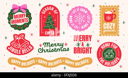 Set of festive Christmas holiday badges and stickers with seasonal quotes on cream background. Vector illustration Stock Vector