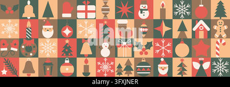 Festive Christmas seamless pattern in bauhaus style. Stylized geometric shapes of Santa. For textile, wrapper, background, packaging. Stock Vector