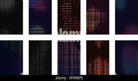 Halftone Dot Pattern Vector Illustration with Dark Background and Glowing Colorful Halftone Textures in Abstract Modern Style Set of Ten Banners Stock Vector