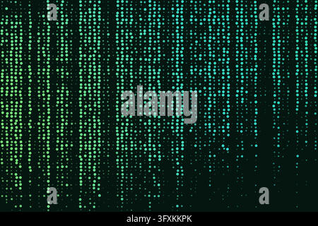 Green Halftone Matrix Vector Illustration Featuring Vertical Dot Lines and Glowing Matrix Code Data Streams Arranged on a Dark Background Stock Vector