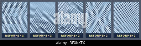 Abstract Halftone Line Patterns Vector Illustration Set with Blue and Grey Geometric Textures and Modern Poster Design Compositions Stock Vector
